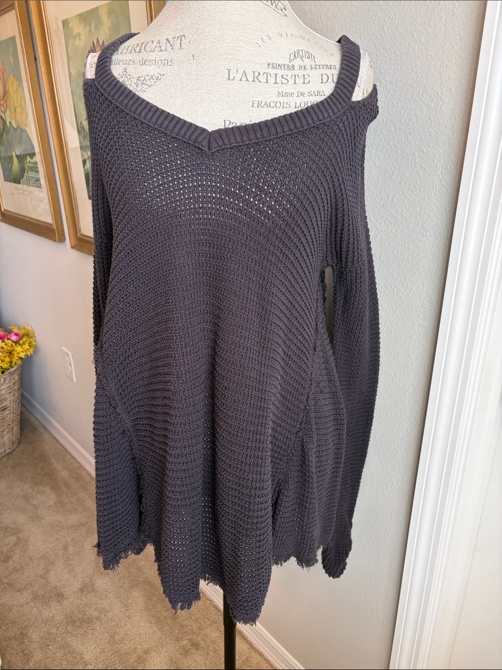Free People Charcoal Open-Knit (thermal) “Cold Shoulder” Top